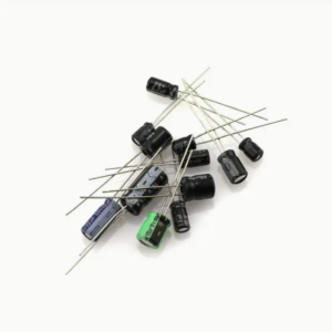 Aluminum electrolytic capacitor kit with assorted values from 0.22µF to 470µF and resistances 4Ω to 1200Ω for DIY electronics, Arduino, robotics, and circuit repair