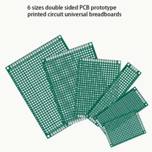 Dual-sided FR4 PCB prototyping boards in 6 sizes with standard 2.54mm hole pitch for DIY electronics and soldering projects