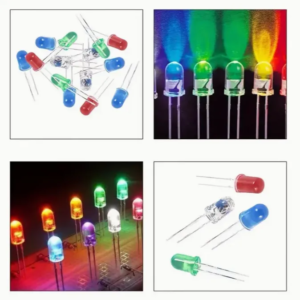 Five F5 5mm LED light-emitting diodes in red, green, blue, yellow, and white for electronics projects and Arduino