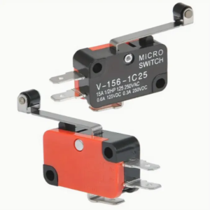 Industrial-grade black and orange V-156-1C25 micro limit switch with hinge roller lever and 3-pin SPDT connection for Arduino, CNC, and 3D printers