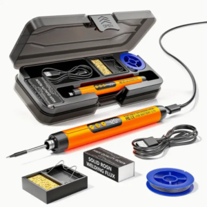 Tavvenh digital soldering iron with LCD display, adjustable temperature, rechargeable battery, rosin wire, and storage box for electronics projects