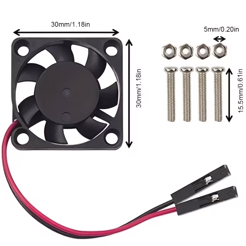 30mm Quiet DC Fan for Raspberry Pi 5/4/3B+ – 5V/3.3V, 3-Pin PWM, Compact Cooling Fan 30mm DC cooling fan with 3-pin PWM, red & black wires, compact metallic design for Raspberry Pi and electronics cooling projects.